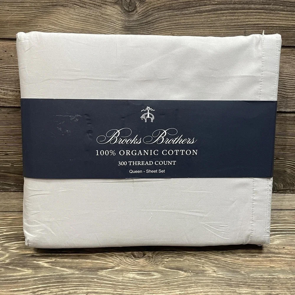 BROOKS BROTHERS Organic Cotton 300 Thread Count Gray 4PC QUEEN Sheet Set NWT‎